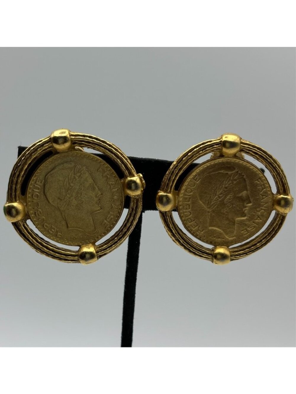 Vintage Liberte Egalite Fraternite Coin Replica Clip On Earrings